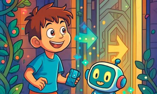 Um garoto de 10 anos, chamado Theo, com cabelos castanhos bagunçados e olhos brilhantes de curiosidade, está em frente a uma porta de metal antiga, seu rosto iluminado pela excitação e admiração. Ele usa uma camiseta azul vibrante e um short laranja, segurando um pequeno gadget futurista na mão. Ao seu lado, seu amigo robô, Pixel, tem uma forma humanoide com luzes piscantes e uma tela que exibe expressões alegres. Pixel flutua levemente acima do chão, projetando hologramas coloridos ao redor deles. O local é um beco escondido de Aurora, cercado por paredes cobertas de plantas mecânicas coloridas, com luzes cintilantes dançando no ar. A porta de metal, adornada com padrões geométricos futuristas, se abre lentamente, revelando um interior luminoso e misterioso. A cena principal mostra Theo, com os olhos arregalados, pronto para entrar neste mundo secreto, enquanto Pixel o incentiva com hologramas de setas apontando para dentro.