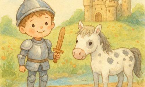 Mały rycerzyk około 6 lat, Kazio, uśmiechnięty i dumny, w lekkiej srebrnej zbroi i z małym drewnianym mieczem, z krótkimi jasnobrązowymi włosami, stoi prosto na drewnianym moście; po prawej koń biały w cętki o imieniu Łatek, blisko mostu, o czułym spojrzeniu; w tle duży zamek z okrągłymi wieżami z beżowego kamienia, czerwone chorągwie i otwarte drewniane wrota na wzgórzu porośniętym kwiatami; przed mostem przejrzysta błyszcząca rzeka z widocznymi kamykami, wysokimi trawami i kolorowymi kwiatami na brzegach; scena jasna, pastelowa, miękkie kontury, akwarelowe tekstury z rozmytymi brzegami i plamami farby dla dziecięcego, delikatnego efektu.