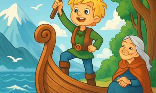 Młody wiking, Sigurd, chłopiec w wieku około 12 lat, stoi na dziobie swojego drakkara, z rozczochranymi blond włosami i błyszczącymi oczami pełnymi ciekawości. Jego twarz wyraża radosną determinację, podczas gdy trzyma w ręku rzeźbiony topór, gotowy na stawienie czoła nieznanemu. Obok niego siedzi stara mądra kobieta, około 70-letnia, z siwymi włosami i pomarszczoną twarzą, obserwująca go z życzliwym uśmiechem, na głazie, otoczona dużymi drzewami o skręconych pniach. Miejsce to wzburzone morze, z błyszczącymi falami pod jasnoniebieskim niebem usianym białymi chmurami. W tle wznoszą się majestatyczne góry pokryte śniegiem, podczas gdy ptaki morskie latają nad falami. Główna sytuacja pokazuje Sigurda, którego serce bije z ekscytacji, gotowego do żeglugi w poszukiwaniu nowych przygód, podczas gdy mądra kobieta udziela mu cennych rad na nadchodzącą podróż.