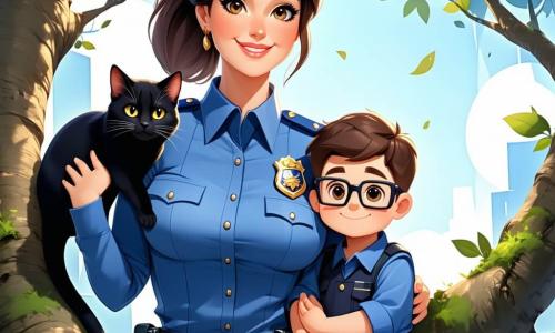 A policial Sofia, uma mulher de cerca de trinta anos, é retratada com cabelos castanhos presos em um rabo de cavalo, vestindo um uniforme azul com um distintivo brilhante no peito. Ela exibe um sorriso caloroso e determinado, segurando um gato preto em seus braços, enquanto está em pé em um galho de árvore, pronta para descer. Ao seu lado, Victor, um garoto de 12 anos com cabelos castanhos e óculos, observa com admiração, os olhos arregalados de surpresa e alegria. Ele usa uma camiseta vermelha e um short azul, e está em pé no chão, com as mãos na cintura, como se estivesse pronto para aplaudir. O cenário é um parque ensolarado, com árvores verdes, flores coloridas e um céu azul claro com algumas nuvens brancas. Ao longe, é possível ver outras crianças brincando em balanços e escorregadores, adicionando uma atmosfera alegre à cena. A situação principal mostra Sofia salvando um gato preso em uma árvore, enquanto Victor a incentiva, ilustrando o espírito de ajuda mútua e aventura que reina em sua comunidade.