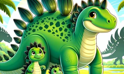 Een stegosaurus genaamd Stego, groot en majestueus, met een schitterende groene huid en prachtige ruitvormige platen langs zijn rug, staat trots in het midden van de afbeelding. Zijn ogen stralen dappere vastberadenheid uit terwijl hij zijn gezin beschermt. Naast hem staan twee kleine dinosaurussen, Spike, een ondeugende stegosaurus met kleinere platen en een ondeugende glimlach, en Bobo, een timide stegosaurus met grote bezorgde ogen, die hun grote broer bewonderend aankijken. De achtergrond is een uitgestrekt zonnig veld, bezaaid met kleurrijke bloemen en grote groene bomen, met een lichte bries die de bladeren laat dansen. In de verte tekent zich een dreigende schaduw van Velociraptors af, wat een spanningsvolle sfeer creëert. De scène vangt het moment waarop Stego, moedig, opstaat om zijn gezin te verdedigen tegen het opkomende gevaar, klaar om hen dapper te beschermen.