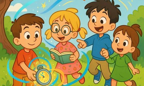Four children in a sunny grassy garden: Max (boy, 8) with short brown hair and a red T-shirt holds a shining watch with wide curious eyes at the left, Lily (girl, 7) with blonde pigtails, a floral dress and round glasses leans in with an open book beside him, Sam (boy, 8) with messy black hair and a blue sweatshirt to Lily’s right points excitedly and jumps, and Mia (girl, 6) with a ponytail and green dress holds Sam’s hand slightly behind the group with wonder in her eyes; the magical metallic watch emerges from a small molehill near a gnarled oak branch, glowing blue and gold with spiraling sparks and colored ribbons around the children, butterflies and daisies and poppies nearby, excavation marks in the soil, warm, colorful, rounded style with soft shadows and an atmosphere of joyful astonishment.