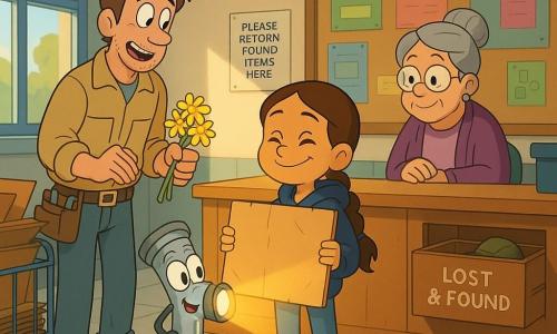Main character: Mina, about 10, long braid, navy hoodie and worn sneakers, determined smile, holding a refurbished cardboard sign to her chest while Pip, a small silver flashlight with lens-eyes, casts a warm beam on the sign. Secondary: Ned, thirties, beige work jacket and tool belt, awkward but relieved, offering a small bunch of yellow daisies to Mina, standing left near a cart of flattened boxes. Secondary: Ms. Dallow, elderly with gray hair in a bun, round glasses and purple cardigan, looking touched and grateful, seated behind a wooden counter with an open 
