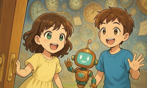 An 8-year-old girl, joyful and amazed, with shoulder-length curly brown hair and bright green eyes in a pale yellow dress gently holding the handle of a sparkling door; beside her an enthusiastic 8-year-old boy with short chestnut hair, a blue T-shirt and khaki shorts smiling and raising a hand to invite entry; a small copper-and-turquoise guide robot named Tinker with a smiling face-screen floats in front waving an antenna; they stand in a circular observatory lined with antique clocks, rotating colorful dials, floating calendars and starry windows filtering golden light, a soft green carpet and a chrome wheel with seasonal symbols; the door opens onto the magical observatory, the girl wide-eyed, the boy clapping, the robot welcoming — warm, curious, glittering atmosphere.
