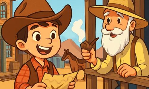 Ein junger Cowboy, Tommy, ein 10-jähriger Junge, steht im Mittelpunkt der Szene mit einem großen Cowboyhut auf dem Kopf, funkelnden Augen vor Neugier und einem breiten Lächeln im Gesicht. Er trägt ein rotes kariertes Hemd, eine Lederweste und Denim-Hosen. In seinen Händen hält er eine Schatzkarte und schaut aufgeregt um sich. Neben ihm steht Opa Sam, ein 70-jähriger Mann mit einem langen weißen Bart und einem Strohhut, auf der Veranda eines alten Holz-Saloons. Er beobachtet Tommy mit einem wohlwollenden Blick, eine Pfeife in der Hand, als wüsste er, dass ein Abenteuer auf ihn wartet. Die Kulisse zeigt eine kleine Stadt im amerikanischen Westen mit bunten Holzbauten, Holzfässern und Pferden, die an Pfählen angebunden sind. Der Himmel ist blau mit einigen weißen Wolken und in der Ferne sind Berge zu sehen. Die Hauptsituation zeigt Tommy, voller Begeisterung, bereit, nach dem geheimnisvollen Schatz zu suchen, während Opa Sam ihm ein ermutigendes Zeichen gibt und eine Atmosphäre von Abenteuer und Kameradschaft schafft.
