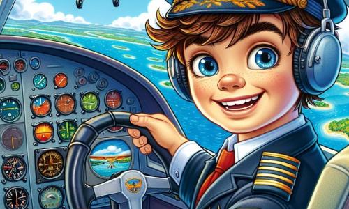 Ein Pilot namens Anton sitzt im Cockpit seines kleinen Flugzeugs, mit einem breiten Lächeln im Gesicht und funkelnden Augen vor Aufregung. Er trägt einen dunkelblauen Pilotenanzug und eine Mütze mit einem goldenen Abzeichen, seine braunen Haare sind vom Wind leicht zerzaust. Neben ihm sitzt ein etwa 8-jähriger Junge namens Max auf dem Passagiersitz, seine Augen strahlen vor Freude. Er trägt eine große Sonnenbrille und ein rotes T-Shirt mit Flugzeugen darauf, seine blonden Haare wehen leicht im Wind. Das Cockpit ist mit bunten Instrumenten, Hebeln und glänzenden Ziffernblättern gefüllt, und durch die Windschutzscheibe sieht man einen strahlend blauen Himmel mit einigen fluffigen weißen Wolken. Die Hauptsituation zeigt Anton und Max, die über wunderschöne Landschaften mit funkelndem Meer und grünen Wäldern fliegen, während sie sich darauf vorbereiten, eine Wolke zu durchqueren, was eine Atmosphäre von Abenteuer und Entdeckung schafft.