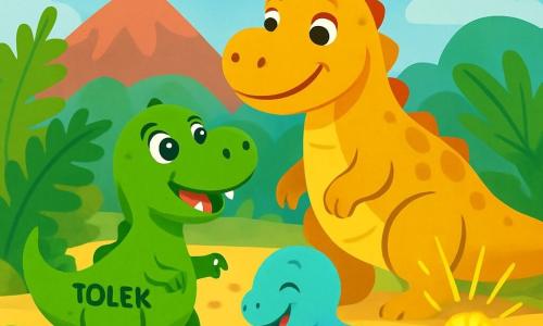 Tyranozaur Rex o imieniu Tolek, z błyszczącą zieloną skórą i błyszczącymi z ciekawości oczami, stoi na tylnych łapach, z lekko otwartą paszczą, pokazując swoje duże białe zęby. Obok niego jego mama, duży Tyranozaur Rex o złotych łuskach, patrzy na niego z ochronnym uśmiechem, podczas gdy jego młodszy brat, młody dinozaur o jasnoniebieskich łuskach, radośnie bawi się w piasku. Tło to prehistoryczna dolina, wypełniona dużymi zielonymi paprociami, kolorowymi skałami i niebieskim niebem usianym puszystymi chmurami. W oddali tajemniczy złoty blask przyciąga uwagę Toleka, który podchodzi z podekscytowaniem, gotowy odkryć ukryty skarb.