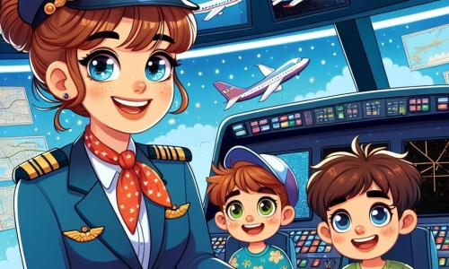 Una mujer piloto sonriente, de unos 30 años, con cabello castaño recogido en un moño y vistiendo un uniforme de piloto azul con una bufanda roja, se encuentra frente a un simulador de vuelo. Ella muestra a los niños cómo usar los controles, con los ojos brillantes de entusiasmo y pasión por la aviación. A su lado, Raúl, un niño de 10 años con una gorra azul y una camiseta verde, observa atentamente el panel de control, con los ojos abiertos de curiosidad. Sofía, una niña de 9 años con trenzas y una camiseta de colores, está sentada en el asiento del piloto, sonriendo mientras sostiene el volante, lista para aterrizar. El escenario es una sala de simulador de vuelo moderno, con pantallas que muestran paisajes aéreos y instrumentos brillantes. Pósters de diferentes aviones decoran las paredes y luces suaves crean un ambiente acogedor. La situación principal muestra a la mujer piloto enseñando a los niños a volar en el simulador, con una atmósfera de alegría y aprendizaje, llena de risas y emoción.