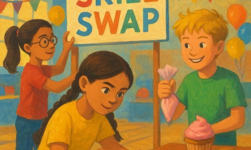 A 10-year-old girl, Maya, with brown hair in braids and eyes sparkling with determination, is kneeling in front of a table, holding a small colorful screwdriver. She is wearing a bright yellow t-shirt and blue jeans. Next to her, an 11-year-old boy, Leo, with messy blond hair and a mischievous smile, holds a piping bag filled with pink icing. He stands ready to decorate cupcakes on a nearby table. Behind them, a 10-year-old girl, Priya, with a high ponytail and round glasses, hangs a colorful sign that says 