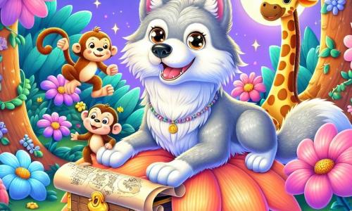 Um lobo chamado Lobo Lelé, com pelagem suave e prateada, olhos curiosos e um largo sorriso no rosto, está sentado no meio de um jardim encantado, segurando um velho rolo de mapa do tesouro. Ao seu lado, um pequeno macaco chamado Mico, com pelagem marrom e olhos travessos, sobe alegremente em uma flor gigante, enquanto uma girafa chamada Gigi, com um longo pescoço manchado e uma expressão amigável, se inclina para olhar o tesouro. O jardim está cheio de flores coloridas que dançam suavemente ao vento, com estrelas brilhantes no céu noturno. Lobo Lelé e seus amigos descobrem uma caixa brilhante no meio das flores, revelando um tesouro de frutas suculentas, prontas para um piquenique alegre.