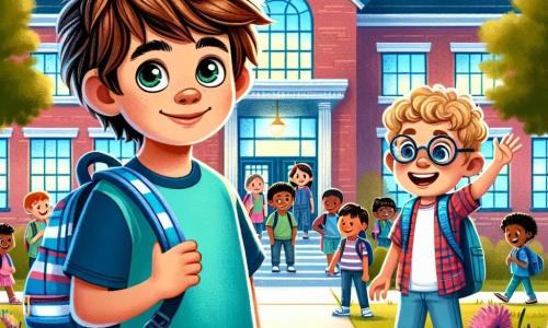 A 12-year-old boy, Alex, with messy brown hair and sparkling eyes full of excitement, stands in front of his school entrance. He wears a bright blue T-shirt and jeans, with a brand-new backpack on his shoulders, his face expressing a mix of enthusiasm and nervousness. Next to him, his friend Sam, also 12, with round glasses and blonde hair, smiles and waves, ready to enter the school. In the background, the school is a large red brick building with bright windows and a courtyard filled with children laughing and chatting. The scene shows Alex and Sam heading towards the entrance, surrounded by a joyful and lively atmosphere, symbolizing the start of a new school year full of promise.