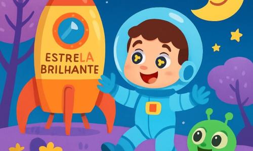 Um homem sorridente, chamado Miguel, flutua alegremente em seu traje espacial azul, com estrelas brilhantes em seus olhos arregalados de admiração. Ele está ao lado de sua grande e brilhante nave espacial, a 