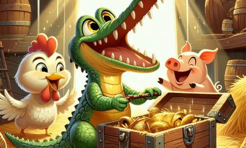 Um crocodilo chamado Carlos, com uma pele verde brilhante e olhos curiosos, está vasculhando uma velha caixa de madeira em um celeiro. Ele sorri amplamente, mostrando seus dentes brancos e afiados ao descobrir tesouros escondidos. Ao seu lado, a Galinha Glória, uma galinha de penas amarelas e vermelhas, pula de alegria, com as asas abertas e um olhar excitado. Um porquinho chamado Pedro, com pelagem rosa e olhos redondos, está logo atrás, segurando uma flauta antiga e rindo de forma contagiante. O celeiro está cheio de palha dourada, ferramentas de fazenda antigas e raios de luz filtrando pelas tábuas de madeira, criando uma atmosfera calorosa e alegre. A cena mostra o momento em que os amigos descobrem juntos o "tesouro", cercados de risos e amizade.