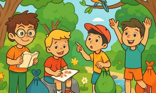 Há 4 crianças: - Lucas: um garoto de 11 anos, com cabelo castanho bagunçado e óculos redondos. Ele segura um caderno e observa atentamente a natureza ao seu redor. - Pedro: um garoto de 10 anos, com cabelo loiro e um sorriso radiante. Ele desenha em um grande papel, sentado em uma pedra, cercado por lápis de cor. - Tiago: um garoto de 11 anos, com cabelo preto e um boné vermelho. Ele aponta para um pássaro colorido empoleirado em um galho, com os olhos arregalados de admiração. - Miguel: um garoto de 10 anos, com cabelo castanho e uma energia contagiante. Ele está de pé, com os braços levantados, como se estivesse pronto para uma aventura. O local da cena principal é uma linda reserva natural, cheia de árvores majestosas com folhas verdes vibrantes, flores silvestres coloridas e um riacho cristalino que serpenteia entre as pedras. Pássaros cantam nos galhos, criando uma atmosfera tranquila e alegre. A cena principal da história mostra as crianças recolhendo lixo na reserva, com sacos de lixo coloridos nas mãos. Elas sorriem ao descobrir tesouros da natureza, como insetos e plantas, enquanto cuidam do meio ambiente. A atmosfera é cheia de entusiasmo e camaradagem, ilustrando seu compromisso com a proteção da natureza.