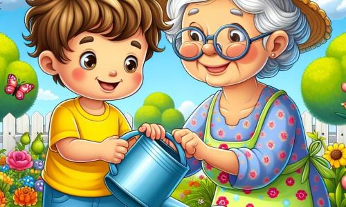 Um menino de 4 anos, com cabelos castanhos bagunçados e um grande sorriso alegre, rega flores coloridas em um jardim ensolarado. Ele usa uma camiseta amarela viva e um short azul, e seus olhos brilham de excitação. Ao lado dele, sua avó, uma mulher de cerca de 65 anos, com cabelos grisalhos presos em um coque e óculos redondos, lhe ensina como usar o pequeno regador. Ela veste um vestido florido e um chapéu de palha, inclinando-se levemente para ele com um sorriso carinhoso. O jardim está cheio de flores vibrantes, borboletas voando e vegetais verdes, sob um céu azul claro com algumas nuvens brancas. A cena principal mostra o menino e sua avó cuidando das plantas, compartilhando um momento de cumplicidade e alegria no coração da natureza.