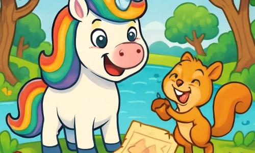 O unicorn numit Zâmbilici, cu o splendidă coafură în culorile curcubeului și un corn de cristal strălucitor, exprimă o bucurie radiantă, iar ochii ei sclipesc de curiozitate. Ea stă pe marginea unui lac cu ape cristaline, înconjurată de flori strălucitoare care dansează în vânt. Lângă ea, o veveriță mică numită Pufuleț, cu blană maro auriu și ochi jucăuși, sare de bucurie, ținând o mică alună în lăbuțe. Lacul, înconjurat de copaci mari cu trunchiuri răsucite și buchete de flori colorate, reflectă cerul albastru strălucitor. Zâmbilici și Pufuleț râd împreună, descoperind o hartă veche care îi conduce spre o aventură magică în căutarea Perlei Curcubeului.