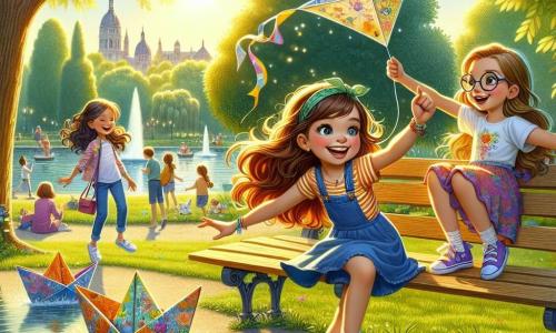 Una ragazza di 11 anni, Valentina, con lunghi capelli castani e occhiali colorati, è seduta su una panchina di legno in un parco soleggiato. Sorride, con gli occhi scintillanti di eccitazione, e tiene in mano una barchetta di carta colorata. Accanto a lei, Sofia, una ragazza di 11 anni con capelli ricci e vestiti vivaci, salta di gioia, pronta a lanciare la sua barchetta. Più lontano, Giulia, una giovane inventrice di 11 anni con occhiali tondi e un'espressione concentrata, aggiusta il suo drago di carta che galleggia sull'acqua del lago, circondato da luccichii di glitter. Il parco è verdeggiante, con grandi alberi e un laghetto tranquillo dove i raggi del sole danzano sull'acqua. Valentina, Sofia e Giulia sono impegnate in una competizione di barche di carta, ridendo e correndo lungo la riva, mentre le loro creazioni scivolano sull'acqua, creando una scena vivace e di amicizia.