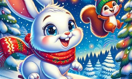 A small white rabbit named Benny, with big ears and sparkling eyes, stands atop a snowy hill, a radiant smile on his face. He wears a bright red scarf that flutters in the wind, holding a small wooden sled beside him. Nearby, a mischievous squirrel named Sally, with brown fur and a bushy tail, climbs a tree, laughing with joy. She wears a colorful woolen hat and waves a string of sparkling lights. The enchanting landscape features snow-covered fir trees, gently falling snowflakes from a starry sky, and a large bright moon illuminating the scene. Benny and his friends are ready to sled down the hill to celebrate the New Year, surrounded by laughter and excitement, as colorful fireworks light up the night sky in the background.