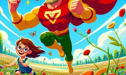Een superheld genaamd Bliksemman, een gespierde man met een rode cape die in de wind wappert, glimlacht vrolijk terwijl hij met volle snelheid door een veld van kleurrijke bloemen rent. Zijn haar is blond en wild, en zijn ogen stralen van opwinding. Naast hem staat een meisje van ongeveer 8 jaar met bruin haar en ronde bril, die een vogel met heldere veren in haar handen houdt. Ze kijkt met bewondering naar Bliksemman, klaar om hem te helpen. De locatie is een uitgestrekt zonnig veld vol met kleurrijke bloemen die dansen in de lichte bries, met een stralende blauwe lucht en enkele donzige witte wolken. De hoofdscène toont Bliksemman en het meisje die naar de bloemen gaan die lijken te huilen, klaar om hen te helpen weer te glimlachen.