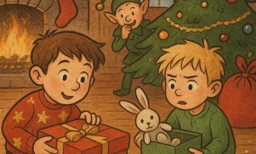 Drie personages: Bram (ongeveer 8 jaar, kort kastanjebruin haar, rood trui met sterren) staat links bij de stenen open haard en trekt zacht aan een grote rode doos; Lucas (ongeveer 6 jaar, slordig blond haar, groen pyjama) knielt rechts en houdt een klein knuffelkonijn uit een grote groene doos; een ondeugende elf van circa 30 cm met rossige wangen en een groen puntmutsje verbergt zich lachend achter de kerstboom. Binnen in een warme woonkamer met glanzend houten vloer, brandende open haard, versierde kerstboom, twee grote cadeauzakken en een beslagen raam met sneeuwvlokken; cadeauverpakkingen zijn door elkaar gehaald en de jongens ontdekken de verwarring terwijl de elf ondeugend toekijkt, speels en vrolijk.