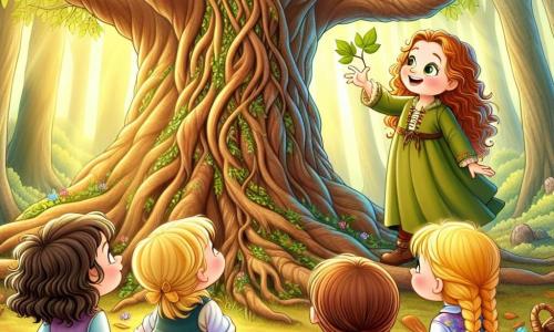 Vier siebenjährige Mädchen stehen unter einem riesigen Baum mit weit ausladenden Ästen, der fast den Himmel berührt. **Mia**, mit lockigen braunen Haaren, trägt ein gelbes Kleid mit bunten Blumen und schaut mit staunenden Augen auf den Baumstamm, die Hände in die Hüften gestützt. **Emma**, mit glatten blonden Haaren, trägt eine blaue Tunika und hockt sich neben den Baum, während sie ein offenes Buch hält, bereit, der Weisheit des alten Baumes zuzuhören. **Leni**, mit roten geflochtenen Haaren in einer grünen Latzhose, zeigt auf ein Blatt, das in der Sonne glänzt, und lächelt breit. **Clara**, mit glatten kastanienbraunen Haaren in einem lila Kleid, steht etwas im Hintergrund mit verschränkten Armen und denkt darüber nach, was der große Baum ihnen sagen könnte. Der Ort ist ein verzauberter Wald, durchflutet von goldenem Licht, mit Sonnenstrahlen, die durch das grüne Laub scheinen. Bunte Blumen bedecken den Boden, und das sanfte Murmeln eines Baches ist in der Ferne zu hören. Die Hauptsituation zeigt die Mädchen, die sich um den großen Baum versammeln, der zu leben scheint, während seine Blätter wie murmeln, als ob sie Geheimnisse flüstern. Die Mädchen sind fasziniert und bereit, die Wahrheit zu entdecken, die der weise Baum ihnen offenbaren möchte.