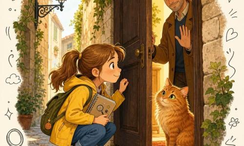 Niña de 10 años: Carla, curiosa y resuelta, cabello castaño claro en coletas, chaqueta amarilla, vaqueros remangados y cuaderno de detective, agachada mirando la puerta entreabierta con ojos brillantes y una leve sonrisa; Hombre de unos 40 años: Sr. López, calmado y amable, pelo sal y pimienta, abrigo marrón, en el umbral sonriendo y con la palma levantada para tranquilizar; Gato: Tomás, gato grande de pelaje rojizo y ojos verdes, sentado en una alfombra roja dentro, cola enroscada observando a Carla con curiosidad; Lugar: callejón estrecho adoquinado, muros de piedra beige con hiedra y farol de hierro, puerta de madera oscura entreabierta hacia un porche soleado; Situación: reencuentro acogedor y seguro tras el descubrimiento de Tomás en la casa del nuevo vecino, luz dorada entrando por la puerta y pequeños detalles gráficos de lupa, huellas y notas musicales superpuestos.