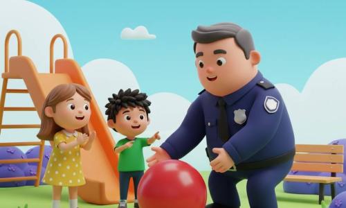 Un policía de rostro redondo y sonrisa amable, cabello gris oscuro corto, uniforme azul marino con placa plateada, agachado y tendiendo la mano hacia una gran pelota roja brillante; una niña, Lucía, de unos 7 años, con coletas castañas y vestido amarillo de lunares blancos, sonriente y aplaudiendo; un niño, Mateo, de unos 4 años, con cabello negro despeinado y camiseta verde, señalando la pelota frente al tobogán donde estaba escondida. Parque luminoso y colorido con césped verde, tobogán naranja, bancos de madera clara, arbustos y flores malvas, cielo azul con nubes suaves. Momento alegre de reencuentro de la pelota, ambiente cálido y seguro, composición centrada en las personas y la pelota, colores vivos, sombras suaves y estilo infantil.