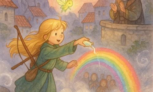 Elara, tânără curajoasă cu păr auriu, în mantou verde și arc în bandulieră, varsă o fiolă cu apă luminiscență care se transformă într-un curcubeu peste o ceață care se desface în văluri argintii; în spatele ei, la dreapta, un bătrân înțelept cu barbă gri aplaudă ușor, iar o mică creatură luminoasă galben-verzuie zboară înaintea ei, pe marginea unui oraș învăluit în ceață, cu case de piatră și ziduri sculptate în stânca unui vulcan, sub un cer crepuscular violet-oranj.