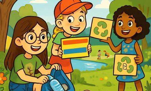 Hay 3 personajes: - Clara: una niña de 10 años, con cabello largo castaño y gafas redondas. Lleva una camiseta verde con un árbol dibujado y un short de mezclilla. Está recogiendo basura con una gran sonrisa, al lado de un árbol. - Sofía: una niña de 10 años, con cabello rubio trenzado y ojos brillantes. Lleva una gorra roja y una camiseta a rayas. Sostiene un cartel colorido que dice "¡Es hora de reciclar!" y está un poco adelante, mirando a Clara. - Luna: una niña de 10 años, con cabello negro y rizado, vestida con un vestido azul con flores. Está mostrando un cartón con instrucciones de reciclaje, un poco atrás, pero con un aire entusiasta. La escena principal tiene lugar en un parque verde, lleno de árboles majestuosos y flores coloridas. El suelo está cubierto de hojas y pequeños desechos, y a lo lejos se ve un pequeño lago brillando bajo el sol. Los pájaros cantan en las ramas, y los niños juegan alegremente en la hierba. La situación principal muestra a las tres amigas limpiando el parque, recogiendo basura en bolsas, sonriendo y hablando sobre la importancia de proteger la naturaleza. La atmósfera es alegre y llena de energía, con rayos de sol iluminando la escena.