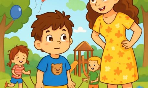 Un ragazzo di 6 anni, Matteo, con i capelli castani disordinati e gli occhi pieni di curiosità, si trova al centro dell'immagine, con un leggero sorriso sul volto che esprime sia eccitazione che un po' di apprensione. Indossa una maglietta blu vivace con un disegno di orso e pantaloni corti gialli. Accanto a lui, sua madre, una donna di circa 30 anni con capelli lunghi e ricci, vestita con un abito leggero a fiori, lo incoraggia con uno sguardo caloroso e un sorriso rassicurante, mentre si tiene leggermente indietro con le mani sui fianchi, pronta a sostenere il figlio. Lo sfondo è un parco soleggiato, pieno di alberi verdi, fiori colorati e risate di bambini che giocano. Dei palloni fluttuano nell'aria e un'area giochi in legno è visibile sullo sfondo. La scena principale mostra Matteo, un po' titubante, pronto a fare il suo primo passo verso un gruppo di bambini che si divertono a saltare la corda. Il suo cuore batte forte, ma respira profondamente, pronto a superare la paura e unirsi al gioco.