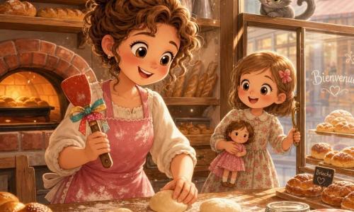 Una donna panettiera sorridente con grembiule rosa macchiato di farina e capelli castani raccolti a chignon, tiene una spatola rossa riparata con un nastro colorato mentre modella panini su un tavolo di legno; una bambina di circa 6 anni in vestito a fiori con una bambola osserva emozionata dalla porta vetrata con la mano sulla maniglia; un gatto grigio dagli occhi verdi è sul davanzale con la coda arrotolata; interno caldo: scaffali di legno pieni di pani dorati, un grande forno in mattoni rossi che diffonde una luce arancione, polvere di farina nei raggi di sole e barattoli di vetro sul piano; vetrina con brioche e atmosfera morbida e colori caldi.