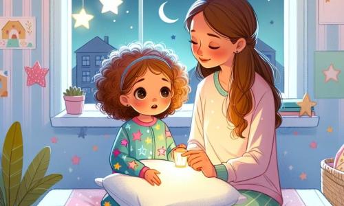 Een klein meisje van 2 jaar, met grote glanzende ogen en krullend haar, zit op haar bed. Ze kijkt nieuwsgierig en een beetje bezorgd terwijl ze een zacht kussentje vasthoudt. Ze draagt een kleurrachtig pyjama met sterren. Naast haar zit haar moeder, een vrouw in de dertig met lang haar en een zachte uitdrukking, die een lampion laat zien die de kamer zachtjes verlicht. Ze glimlacht om haar dochter gerust te stellen, terwijl ze op de rand van het bed zit met een hand op de schouder van het kind. De scène speelt zich af in een warme kinderkamer, versierd met pastelwanden, met verspreide speelgoed en papieren sterren aan het plafond. Een raam laat een sterrenhemel zien, wat een vleugje magie aan de sfeer toevoegt. De belangrijkste situatie toont het meisje dat de lampion ontdekt en de sterren door het raam bewondert, terwijl haar moeder haar een verhaal voorleest, wat een troostend en rustgevend moment creëert voor het slapengaan.