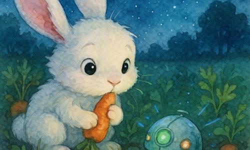 Mimi, ein weißer, flauschiger Hase mit rosa Schlappohren und neugierig-mutigem Blick, hockt mit einer halbgemümmelten Karotte im nächtlichen Gemüsegarten am Wiesenrand und entdeckt ein halb im Boden verborgenes, apfelrundes außerirdisches Gerät aus hellgrünem, seidenmattem Metall mit blinkenden Lampen und blauen Lichtstreifen, das schüchtern und erstaunt summt; im Hintergrund zieht eine blaue Sternschnuppe mit silbrig-blauer Schweif über den Himmel, während dunkle Erde, strukturierte grüne Blätter, einige orange Karotten und sanfte Baumsilhouetten unter einem tiefen, aquarellgesprenkelten Sternenhimmel die zentrale, leicht geheimnisvolle, pastellfarbene und nocturne Szene mit grünem Lichtreflex auf dem Hasenschnäuzchen bilden.