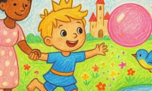 Un mic prinț băiat cu păr blond, ochi strălucitori și zâmbet larg aleargă desculț pe iarbă cu brațele întinse spre o mare bulă roz translucidă; bula, rotundă și strălucitoare, sare peste flori și este atinsă cu ciocul de o pasăre mică albastru-galbenă în dreapta, pe punctul de a se transforma într-o ploaie de confetti colorate; mama, o femeie cu păr castaniu și rochie pastel cu buline, îl ține de mână în stânga, lângă un drum pietruit; în fundal un castel crem cu turnuri rotunde și acoperișuri roșii, un iaz albastru cu nuferi și o peluză verde cu flori roșii, galbene și violete; atmosferă luminoasă și veselă, contururi moi și urme de creion, culori saturate.