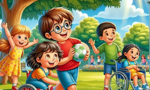 In een zonnig park zijn vier kinderen samengekomen om samen te spelen. Tom, een 8-jarig jongetje met bruin haar en een bril, glimlacht terwijl hij een bal in zijn handen houdt. Hij draagt een rode t-shirt en een blauwe short. Lisa, een 7-jarig meisje met prachtige krullen en een gele jurk, lacht terwijl ze naar Tom rent om de bal te vangen. Sam, een 9-jarige jongen in een rolstoel, heeft een grote glimlach en draagt een groene t-shirt. Hij zit naast Tom, klaar om mee te doen aan het spel. Noor, een 8-jarig meisje met gevlochten zwart haar en een roze tanktop, staat iets verderop met haar armen in de lucht om haar vrienden aan te moedigen. Het park is vol groen, met grote bomen en een heldere blauwe lucht. Kleurrijke bloemen omringen het pad, en een groep kinderen speelt vrolijk op de achtergrond. In deze scène hebben de kinderen plezier samen, wat het belang van gelijkheid en vriendschap benadrukt, ongeacht de verschillen. Ze zijn allemaal verenigd door de vreugde van het spel en het delen van momenten samen.