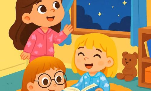 Există 3 personaje: Ana, o fetiță de 6 ani cu părul lung și brunet, care poartă un pijama roz cu stele albe și se află lângă fereastră, privind cerul; Maria, o fetiță de 7 ani cu părul blond și breton, îmbrăcată într-un pijama albastru cu nori, care zâmbește ținând o carte deschisă și stând pe covor, în fața Anei; Ioana, o fetiță de 6 ani cu părul castaniu și ochelari rotunzi, îmbrăcată într-un pijama violet cu unicorni, întinsă pe covor, privind cartea cu curiozitate. Scena are loc într-o cameră de copil călduroasă, cu pereți vopsiți în galben pastel, un covor moale și jucării împrăștiate. O fereastră deschisă lasă să intre lumina lunii, iluminând ușor încăperea, iar stelele strălucitoare sunt vizibile în cerul nocturn. Cele trei fete sunt unite, fascinată de frumusețea stelelor, Ana exprimându-și frica de întuneric, în timp ce Maria și Ioana o încurajează să admire cerul înstelat, creând o atmosferă de magie și camaraderie.