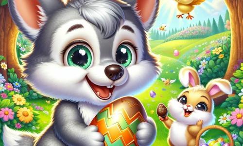 An illustration depicts a cheerful little wolf with gray fur and sparkling eyes, holding a shiny Easter egg in its front paws. It has a wide smile and perked ears, ready to share its discovery. Next to it, a small rabbit with large white ears and a curious face jumps for joy, looking at the wolf with admiration. A fluffy yellow chick, with a small orange beak and mischievous eyes, stands a bit back, pecking at a chocolate egg with a look of wonder. The scene is set in a green meadow filled with colorful flowers and bathed in golden sunlight, featuring a large oak tree at the center with a basket of multicolored Easter eggs underneath. The main focus shows the little wolf discovering a magical Easter egg that opens to reveal delicious chocolates, surrounded by friends ready to celebrate Easter joyfully. Additional elements include butterflies fluttering around, soft clouds in the blue sky, and decorated Easter eggs hidden in the grass, enhancing the festive spring atmosphere.