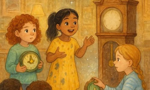 Three 8-year-old girls in a small warm community museum: Lina, light brown hair in a braid, pale blue striped blouse, crouched at right by a small wooden pedestal, gently turning a star-shaped button on a small round green clock; Mia, black hair in pigtails, yellow dress with ink stains, center stage speaking animatedly to the crowd with a bright face; Zoe, curly red hair, mint-green sweater at left, holding the green clock to her chest, watching anxiously. The room has blond wood, glass cases with old toys, lamps with fabric shades casting golden light, a tall grandfather clock on a pedestal with a temporarily empty dial, a faded fabric banner announcing an opening, old posters on the wall and fine glitter drifting in the air. A soft tense moment as the friends restore a memory so the grandfather clock can chime: Mia recounts a memory to the small crowd, Zoe clutches the clock like a relic, Lina presses the star button; the audience looks amazed as tiny luminous particles rise toward the clock, creating an atmosphere of hope and gentle magic.