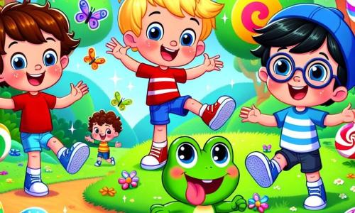 In the center of the image, three little boys are gathered: Timmy, a 6-year-old with messy brown hair, is wearing a red t-shirt and blue shorts, laughing with his arms raised and a big smile. Tommy, a 7-year-old with blonde hair and a blue hat, stands to the left, making a funny face with his hands on his hips. Tilly, a 6-year-old with black hair and round glasses, is on the right, jumping for joy with sparkling eyes. At their feet, a small sparkling frog with shiny green skin and twinkling eyes hops joyfully, encouraging them with a "Ribbit!" The setting is a fairy-tale kingdom with brightly colored trees, giant flowers, and candy-shaped clouds. The ground is covered in soft, fluffy grass, dotted with colorful butterflies flying around them. The main scene shows the three friends wearing a blue hat and laughing, taking turns, while the frog watches them with an amused expression. The atmosphere is joyful and playful, filled with magic and friendship.