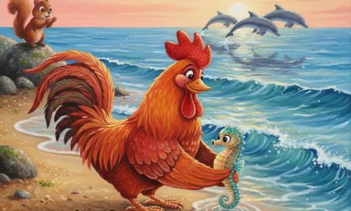 A proud, gentle rooster with shiny copper feathers tinged orange-red holds a tiny shimmering pearly-turquoise seahorse with golden glitter on its back at the seashore, the wide-eyed seahorse nestled in the rooster’s feathers ready to dive; a curious red squirrel on a nearby rock claps in the background while silver-gray dolphins leap in the distance, reflections on the waves; the wet golden-sand beach has polished pebbles and mossy stones, translucent blue waves under a pink-orange twilight sky; the rooster kneels or leans toward the sea to gently place the seahorse into a calm wave—centered composition, soft light, visible acrylic texture, vivid contrasting colors, warm reassuring atmosphere.