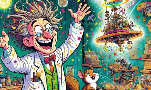 An eccentric man, Mr. Fizzlebop, with frizzy, tousled hair like a squirrel's nest, wears a paint-splattered lab coat and a big joyful smile. He is jumping for joy with his arms raised, surrounded by colorful confetti floating in the air. Next to him, a curious little squirrel with sparkling eyes and brown fur watches enthusiastically, its tiny paws resting on a shelf. The scene takes place in a whimsical workshop filled with strange gadgets, twinkling lights, and piles of colorful materials, with a large broken window letting in beams of light. At the center is the Wondrous Whirligig, a shiny, colorful machine that spins and emits sparks, while an old shoe flies away, transforming into a feathered flying shoe. The main situation shows Mr. Fizzlebop and the squirrel in action, celebrating the success of their invention, surrounded by laughter and joy as the machine bursts into confetti, creating a festive and playful atmosphere.