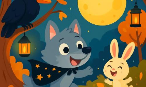 Um pequeno lobo chamado Lupi, com pelagem suave e cinza, usa uma capa preta adornada com estrelas brilhantes. Ele tem olhos curiosos e um grande sorriso alegre, pulando na floresta sob a lua cheia. Ao seu lado, uma grande corvo chamada Corujão, com penas negras brilhantes e olhos sábios, observa Lupi de forma amigável, empoleirada em um galho. Um pouco mais longe, um coelhinho travesso com grandes orelhas e pelagem branca, chamado Coelho, ri enquanto brinca nas folhas douradas, acrescentando alegria à cena. A floresta é mágica, com árvores de troncos retorcidos, folhas vibrantes em laranja e amarelo, e lanternas cintilantes penduradas nos galhos. A lua brilha intensamente, projetando sombras dançantes no chão. Lupi, cheio de entusiasmo, procura o dono de sua capa mágica, enquanto Corujão e Coelho o incentivam com sorrisos cúmplices, criando uma atmosfera alegre e misteriosa na noite de Halloween.
