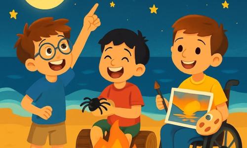 Hay 3 personajes: - Leo: un niño de 10 años, con cabello castaño desordenado y gafas redondas, lleva una camiseta azul y un pantalón corto beige. Está de pie, con los ojos brillantes de emoción, señalando hacia el cielo estrellado. - Miguel: un niño de 9 años, con cabello negro y pecas, vestido con una camiseta roja y un pantalón corto verde. Está sentado en un tronco de madera, riendo y sosteniendo una araña de plástico. - Tomás: un niño de 11 años, con cabello castaño y una sonrisa cálida, sentado en su silla de ruedas, lleva una camiseta amarilla y pantalones azules. Sostiene una paleta de pintura y un pincel, mostrando orgullosamente su cuadro de un hermoso atardecer. El lugar es una playa dorada, iluminada por la suave luz de una luna llena. A su alrededor, suaves olas acarician la orilla, mientras una gran fogata crepita, proyectando sombras danzantes en la arena. Estrellas brillantes salpican el cielo nocturno, añadiendo un toque de magia a la atmósfera. La situación principal muestra a los tres amigos reunidos alrededor de la fogata, compartiendo historias y risas, con estrellas brillantes sobre ellos y un ambiente cálido y alegre.