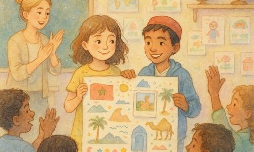 Una niña de 10 años, Clara, sonrisa tímida, pelo castaño ondulado hasta los hombros y vestido amarillo con manchas de pintura, sostiene un gran cartel colorido con dibujos y palabras; a su lado Amir, niño de 9 años de origen marroquí, piel bronceada, gorra roja y chaqueta azul, sonríe mostrando una foto pegada en el cartel; la maestra, mujer de unos 30 años con el pelo rubio recogido en un moño, aplaude al frente junto a la pizarra; compañeros diversos de 9–11 años, sentados por pupitres, miran y aplauden, algunos levantan la mano; la clase es luminosa con paredes en tonos pastel, mapas, guirnaldas, globos y dibujos infantiles; situación: Clara y Amir presentan un proyecto sobre Marruecos mostrando su cartel decorado, se miran cómplices y la clase los anima en una atmósfera cálida, inclusiva y alegre.