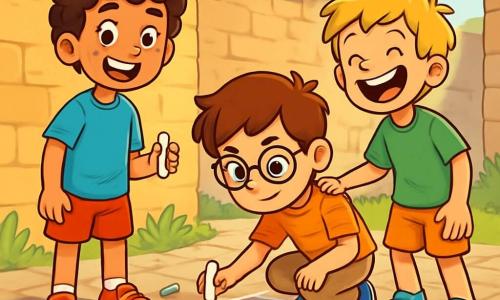 There are three characters: Jamie, a 10-year-old boy with curly hair and lots of energy. He wears a bright blue t-shirt and red shorts, standing and smiling with a piece of chalk in hand, ready to draw. Leo, a slightly shorter 10-year-old with round glasses and brown hair, wears a striped shirt and beige pants. He is crouched down, focused, drawing lines on the ground with chalk. Max, a 10-year-old with a wide smile and a missing tooth, has messy blonde hair and wears a green t-shirt. He stands next to Jamie, laughing and encouraging Leo. The main setting is an old brick courtyard surrounded by stone walls, with green grass growing through the cracks. The ground is covered in colorful chalk drawings, and the sun shines, casting soft shadows on the walls. The main situation shows the three boys drawing a huge hopscotch on the ground, each smiling and laughing, while Leo, a bit hesitant, starts to draw the first lines with the support of his friends.