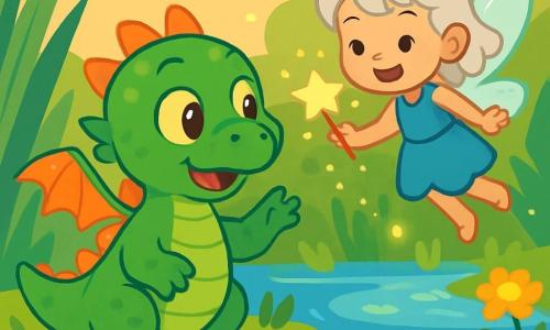 Un piccolo drago dalle scaglie verdi brillanti, con occhi dorati che brillano di curiosità, si trova sul bordo di un pantano magico. Ha un'espressione di meraviglia sul viso e le sue piccole ali traslucide tremolano leggermente nell'aria. Vicino a lui, una piccola fata dai capelli argentati, di circa 8 anni, vola intorno, le sue ali scintillanti lasciano tracce di luce. Sorride, tenendo una piccola stella luminosa nella mano. Il pantano è circondato da alte erbe verdi, punteggiate di fiori colorati che brillano come gemme sotto il sole. Fiumi d'acqua cristallina si snodano nel paesaggio e le lucciole danzano nell'aria, creando un'atmosfera fiabesca. La scena principale mostra il drago e la fata che cercano insieme il ricordo perduto del drago, esplorando le meraviglie del pantano mentre ridono e giocano.