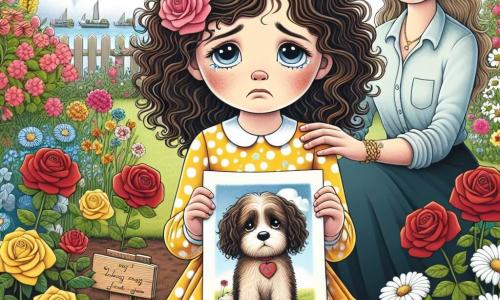Una niña de 10 años, Clara, con cabello castaño y rizado, grandes ojos tristes y mejillas ligeramente sonrojadas, está sentada en su jardín, rodeada de flores coloridas. Lleva un vestido amarillo con lunares y sostiene un dibujo de su perro, Max, en sus manos, con lágrimas en los ojos, pero una ligera sonrisa emerge en su rostro. A su lado, su mamá, una mujer de unos treinta años, con cabello largo y liso, la mira con ternura, posando una mano reconfortante en su hombro. El jardín está en plena floración, con rosas rojas y margaritas blancas, y un cielo azul claro salpicado de nubes blancas. En el centro, se ha plantado un pequeño rosal en memoria de Max, con una etiqueta de madera grabada con su nombre. La escena principal muestra a Clara recordando a su querido perro, mientras celebra su vida con una mezcla de tristeza y gratitud, rodeada de la belleza de la naturaleza.