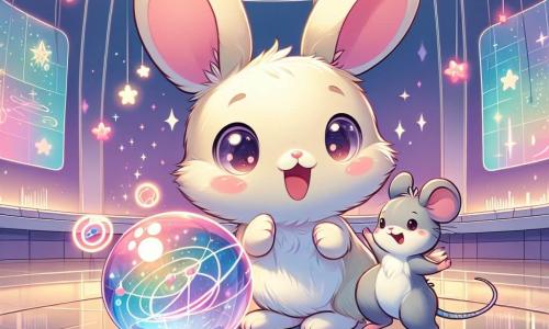 Ein kleiner Hase mit großen Ohren und einem weichen, seidigen cremefarbenen Fell steht im Mittelpunkt des Bildes, seine Augen leuchten vor Staunen, während er eine riesige, farbenfrohe Maschine entdeckt, die in allen Farben funkelt. Neben ihm springt eine kleine Maus mit grauem Fell und funkelnden Augen, die einen kleinen roten Hut trägt, vor Freude in die Luft, die Arme erhoben, und drückt ihre Aufregung über diese unglaubliche Erfindung aus. Die Szenerie ist eine große futuristische Halle mit transparenten Glaswänden, die helle Lichter und schwebende Hologramme zeigen, riesige Bildschirme, die Bilder von Planeten und Sternen anzeigen, und einem glänzenden Boden, der die lebhaften Farben der Maschine reflektiert. Die Hauptsituation zeigt den Hasen und die Maus, die mit der Maschine interagieren, die fröhliche Geräusche und blinkende Lichter von sich gibt, während sie gemeinsam über Sterne und Planeten lernen, erfüllt von Neugier und Begeisterung.