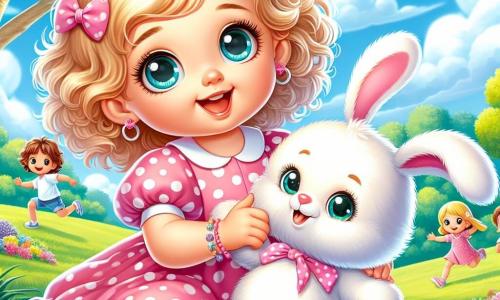 Una bambina di un anno, Sofia, con capelli ricci e biondi, grandi occhi blu pieni di gioia, è seduta sull'erba verde del parco, sorridendo. Indossa un bel vestito rosa a pois e tiene in braccio un peluche a forma di coniglio. Accanto a lei, il suo amico Leo, un coniglietto bianco con grandi orecchie, salta felicemente, i suoi occhi brillanti di felicità. Il parco è pieno di fiori colorati, alberi maestosi con foglie verdi e un cielo blu chiaro con alcune nuvole bianche. I bambini giocano in lontananza, aggiungendo un'atmosfera gioiosa alla scena. Sofia e Leo si preparano a scalare insieme un grande albero, i loro volti radiosi di eccitazione e amicizia, illustrando un momento prezioso in cui si aiutano a superare le loro paure.