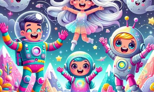 Astronauta Tomek, uśmiechnięty i podekscytowany, stoi na fantastycznej planecie z kolorowymi górami i drzewami w kształcie cukierków, ubrany w błyszczący skafander ozdobiony migoczącymi gwiazdami. Obok niego stoi mała księżniczka Księżyca, Lunia, z długimi srebrnymi włosami, w błyszczącej sukience, unosząca ręce w radości. Radosny robot Staś, przypominający małego metalowego chłopca, tańczy wokół nich. Miejsce to magiczna planeta z różowym niebem, gwiazdami i chmurami w kształcie pianki. Tomek, Lunia i Staś świętują swoje spotkanie, śmiejąc się i bawiąc razem, gotowi do odkrywania cudów wszechświata.